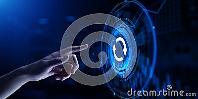 Update system software new version upgrade download. Hand pressing button on screen. Stock Photo