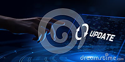 Update system software new version upgrade download. Hand pressing button on screen. Stock Photo