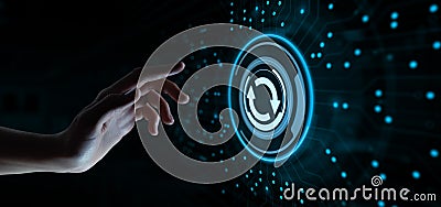Update system software new version upgrade download. Hand pressing button on screen Stock Photo