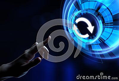 Update system software new version upgrade download. Hand pressing button on screen Stock Photo