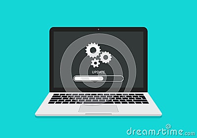 Update of system. Update of software on laptop. Upgrade and install of system on computer. Process of load on screen of laptop. Pc Stock Photo