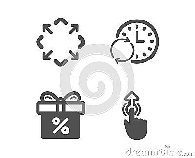 Update time, Maximize and Discount offer icons. Swipe up sign. Refresh clock, Full screen, Gift box. Vector Vector Illustration