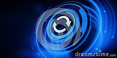 Update upgrade system application version sing on virtual screen. Stock Photo