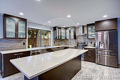 Updated contemporary kitchen room interior in white and dark tones. Stock Photo