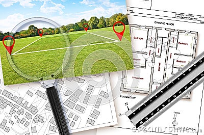 Updating public cadastral databases and information about land registry - concept with an imaginary cadastral map with buildings, Stock Photo