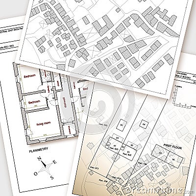 Updating public cadastral digital databases and information about land registry - concept image with an imaginary cadastral map Stock Photo