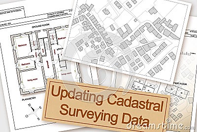 Updating public cadastral digital surveying databases and information about land registry - concept with an imaginary cadastral Stock Photo