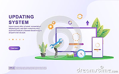 Updating system illustration concept. System Update Improvement Change New Version software, data synchronize process and Vector Illustration