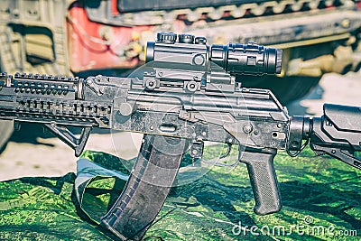 The upgraded Kalashnikov AK47 assault rifle with tactical accessories Stock Photo