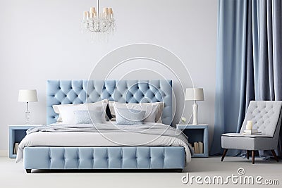 Upholstered bed in a luxurious bedroom in soft blue and gray tones Stock Photo