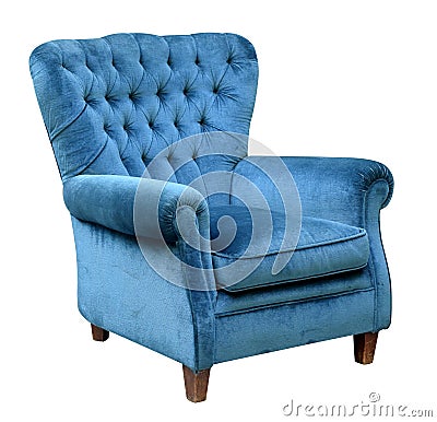 Upholstered blue velvet armchair Stock Photo