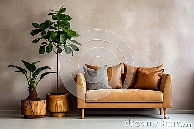 Upholstered sofa loveseat leather cushions and potted plants to the side set against a pale grey textured wall contempory interior Stock Photo