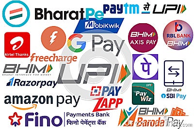 Upi payment apps logo icon cloud isolation on white, unified payment interface india apps Editorial Stock Photo