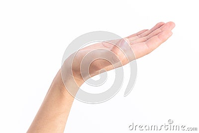 Uplifted hand in front of white background Stock Photo