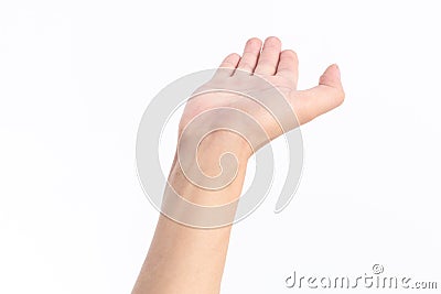 Uplifted hand in front of white background Stock Photo