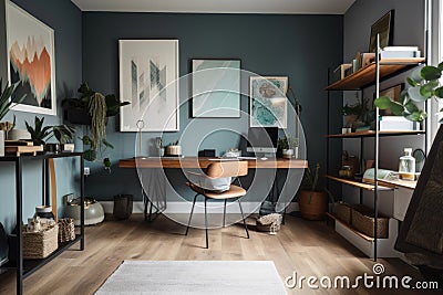 uplifting and positive home office space, with inspiring artwork and natural lighting Stock Photo