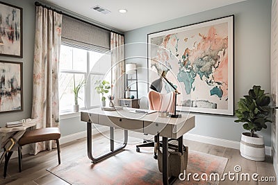 uplifting and positive home office space, with inspiring artwork and natural lighting Stock Photo