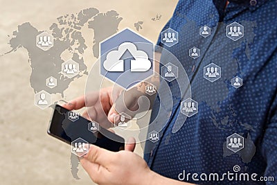 Upload cloud storage on the touch screen with a blur background Stock Photo