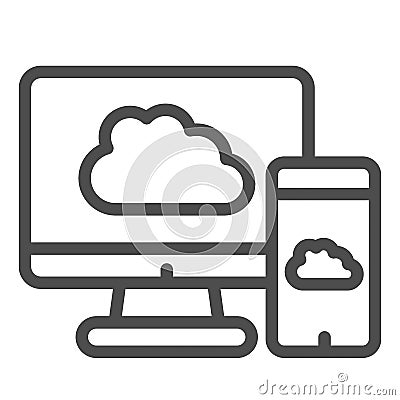 Upload devices line icon. Cloud synchronize between computer and smartphone. Internet technology vector design concept Vector Illustration