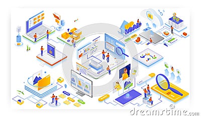 Upload files to cloud storage, organize stuff, find photos faster and create smart albums, vector isometric illustration Vector Illustration