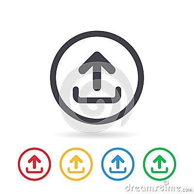 Upload icon with circle outline. Upload or up arrow flat icon. Vector Illustration