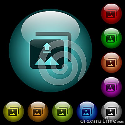 Upload multiple images icons in color illuminated glass buttons Stock Photo