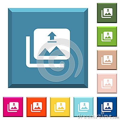 Upload multiple images white icons on edged square buttons Stock Photo