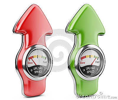 Upload speedometer and arrow sign. Internet connection speed con Cartoon Illustration