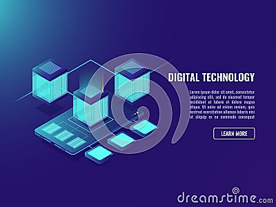 Uploading file on cloud storage concept, isometirc vector smartphone, server room, mobile application install, data Vector Illustration