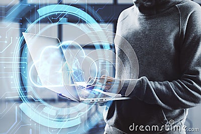Uploading files to cloud concept. Close up of hacker hands using glowing digital cloud with arrow on blurry background. Double Stock Photo