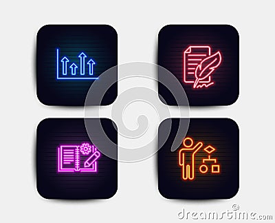 Upper arrows, Engineering documentation and Feather signature icons. Algorithm sign. Vector Vector Illustration