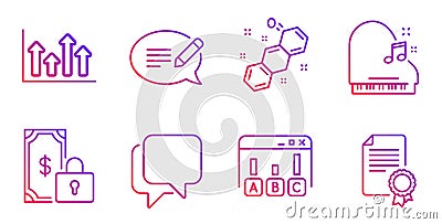 Upper arrows, Talk bubble and Piano icons set. Chemical formula, Survey results and Private payment signs. Vector Vector Illustration
