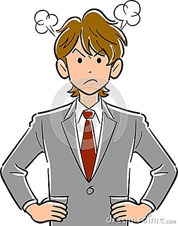 Upper body of an angry brown haired young businessman putting his hand on his waist Vector Illustration