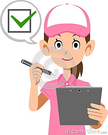 The upper body of a woman wearing a pink polo shirt and hat, filling in a check sheet Vector Illustration