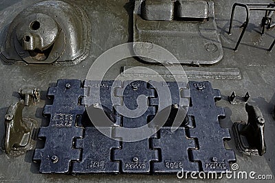Upper front plate of soviet T34 main battle tank with spare track and machine gun mount Stock Photo