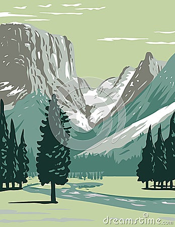 Upper Green River on the western side of Continental Divide in Bridger-Teton National Forest in Wind River Range Wyoming WPA Vector Illustration