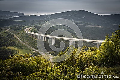 Upper panoramic view on viaduct of crni kal, beside adriatic sea, slovenia Stock Photo