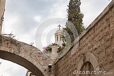 The upper part of the Church of the Condemnation on the Lions Gate Street in the old city of Jerusalem, in Israel Stock Photo