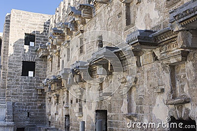 Upper part of the stage of the Roman theatre in Aspendos Editorial Stock Photo