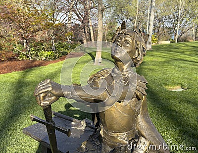Upper portion of the bronze Joan of Arc sculpture by Gary Lee Price at the Dallas Arboretum in 2023. Editorial Stock Photo
