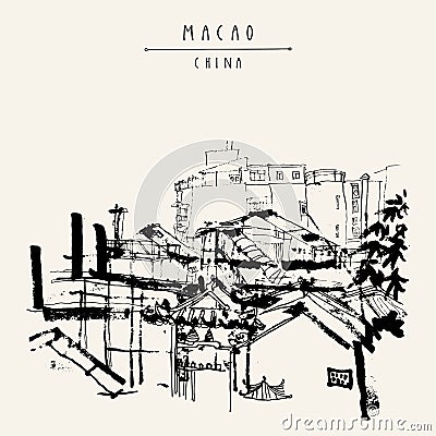 Upper view of Macao from the ruins of St. Paul`s Cathedral. Macau, China, Asia. Traditional Chinese houses. Vintage hand drawn Vector Illustration