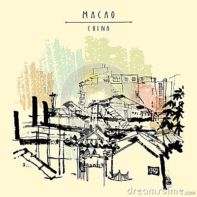 Upper view of Macao from the ruins of St. Paul`s Cathedral. Macau, China, Asia. Traditional Chinese houses. Vintage hand drawn Stock Photo