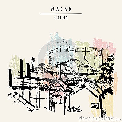 Upper view of Macao from the ruins of St. Paul`s Cathedral. Macau, China, Asia. Traditional Chinese houses. Vintage hand drawn Vector Illustration