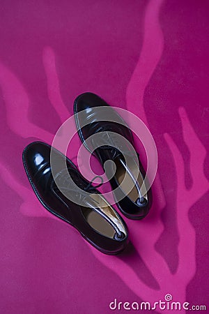 Upper View of Pair of Formal Male Stylish Black Polished Oxford Leather Laced Shoes Placed Together Over Pink Background Stock Photo