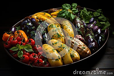 Upper view, potatoes and eggplants baked with fresh vegetables in a dark Stock Photo