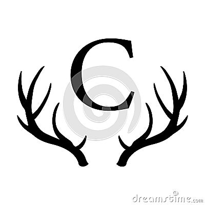 Uppercase C letter monogram with deer antler on the white background. Isolated illustration Cartoon Illustration