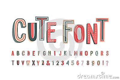 Uppercase cute alphabet font. Letters, numbers and symbols. Vector Illustration