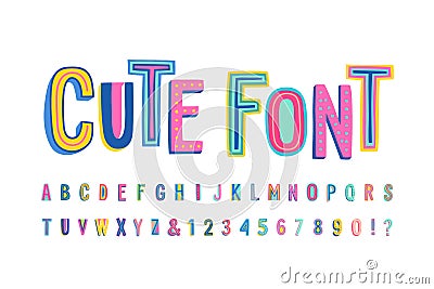 Uppercase cute alphabet font. Letters, numbers and symbols. Vector Vector Illustration