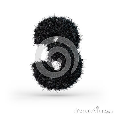Uppercase fluffy and furry black font. Digit three. 3D Stock Photo