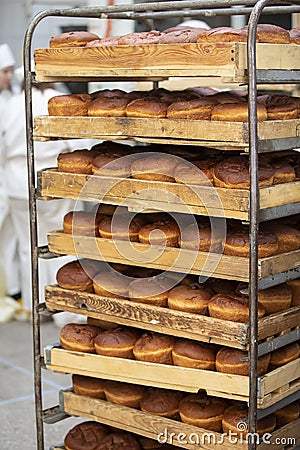 Upright lots of bread on pallets. Stock Photo